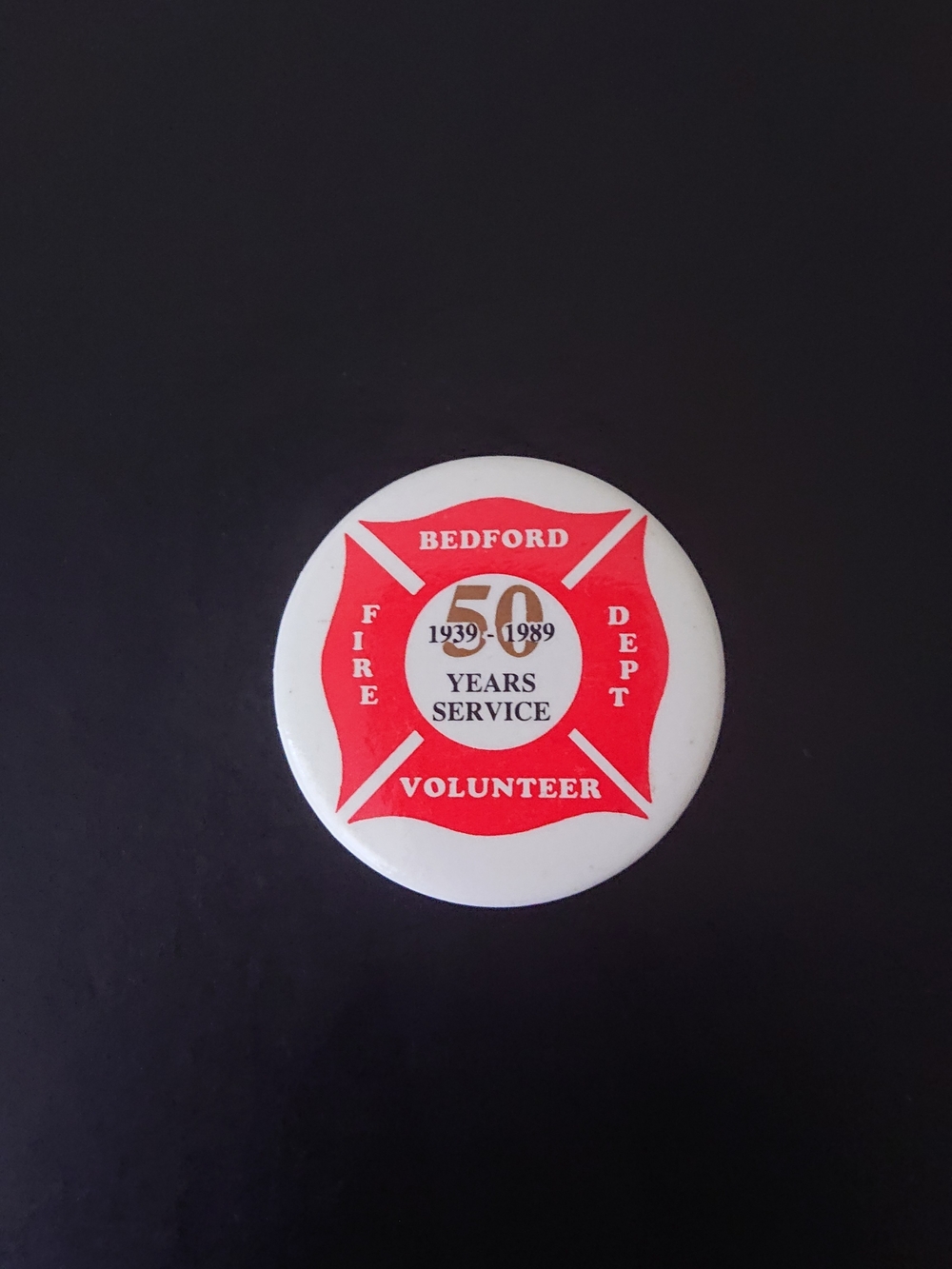 Vintage 1.5" Round Pin Button - Bedford Volunteer Fire Department - 50 Years